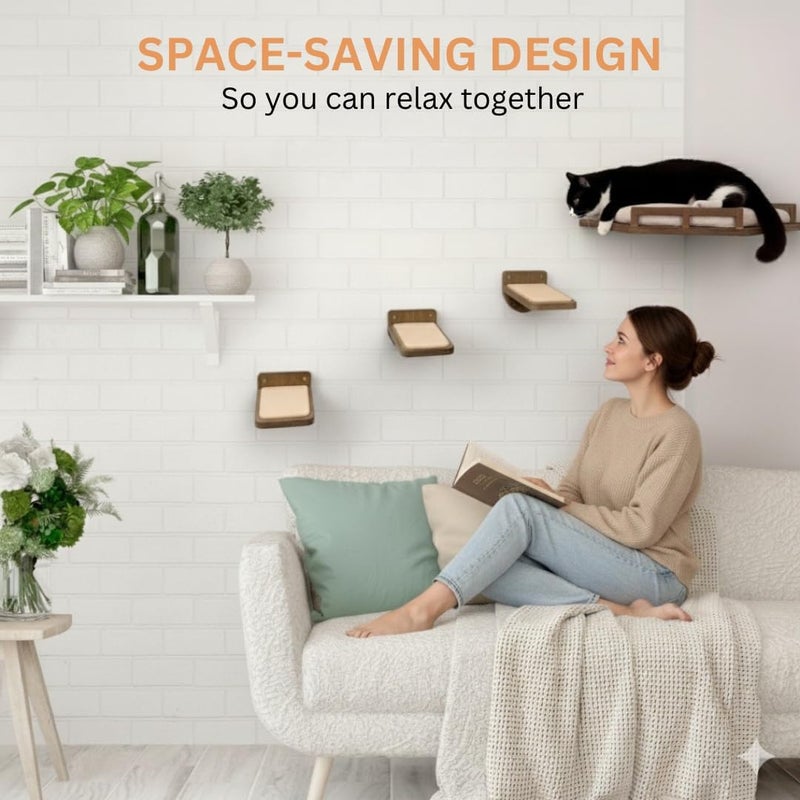 INICIO Cat Wall Shelves - Modern and Durable 3 Step Cat Furniture for Wall - Stylish Birch Floating Shelf for Cats up to 15lbs - Wooden Corner Shelves with Cushioned Perch - Brown - Image 3